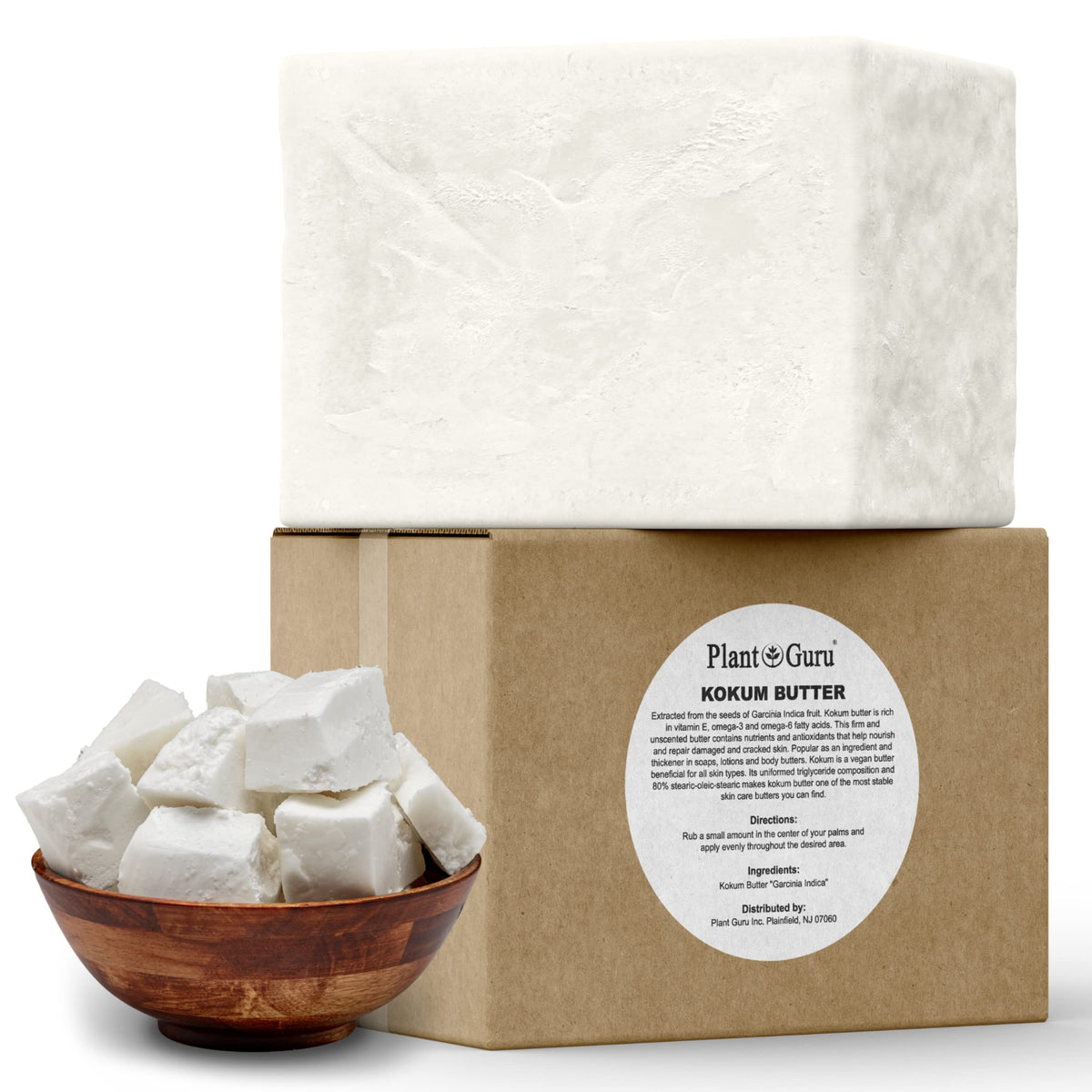 Plant Guru kokum butter front packaging showing bulk 5 lb size and label benefits
