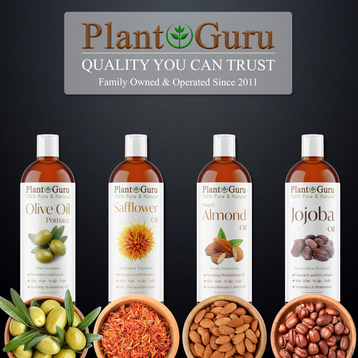 Close-up of Plant Guru label emphasizing cold-pressed, 100% pure assurance