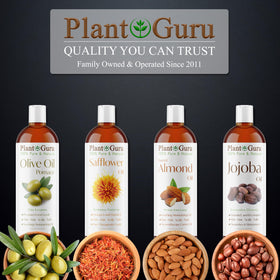 Close-up of Plant Guru label emphasizing cold-pressed, 100% pure assurance