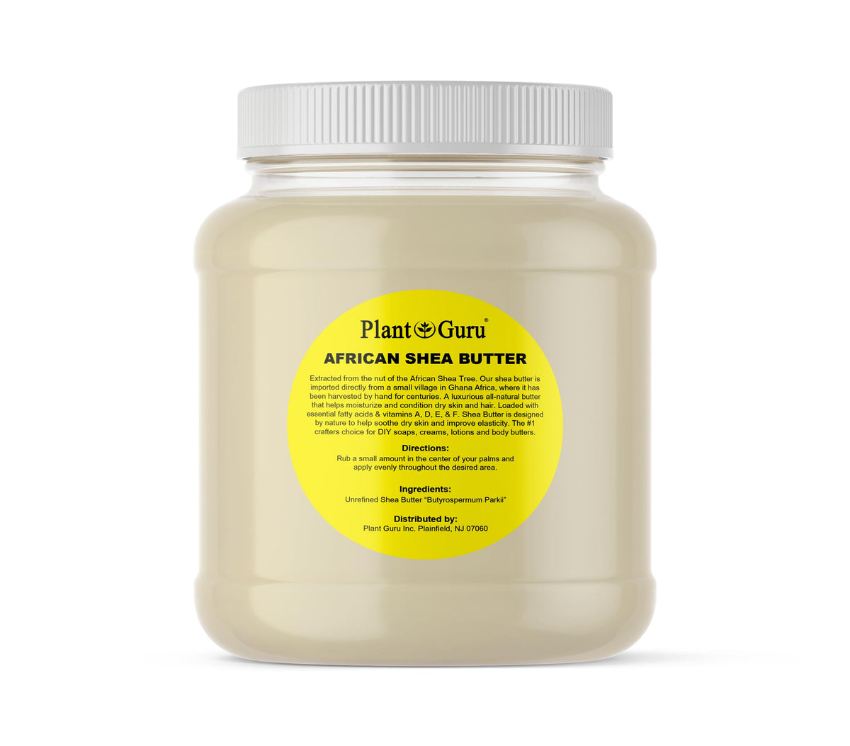 Plant Guru jar front packaging showing pure bulk shea butter benefits
