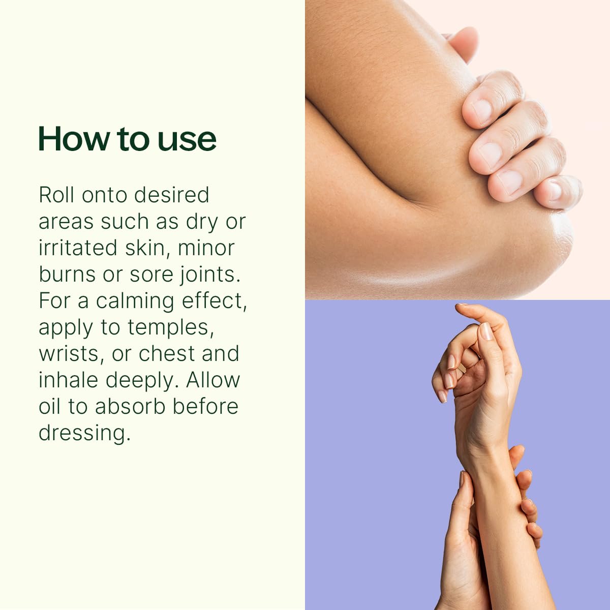 Plant Therapy applying roll-on to wrist demonstrating aromatherapy and calming benefit