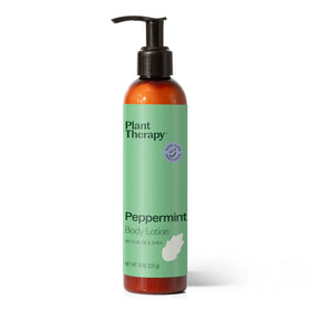 Plant Therapy front bottle showing peppermint lotion label and benefit