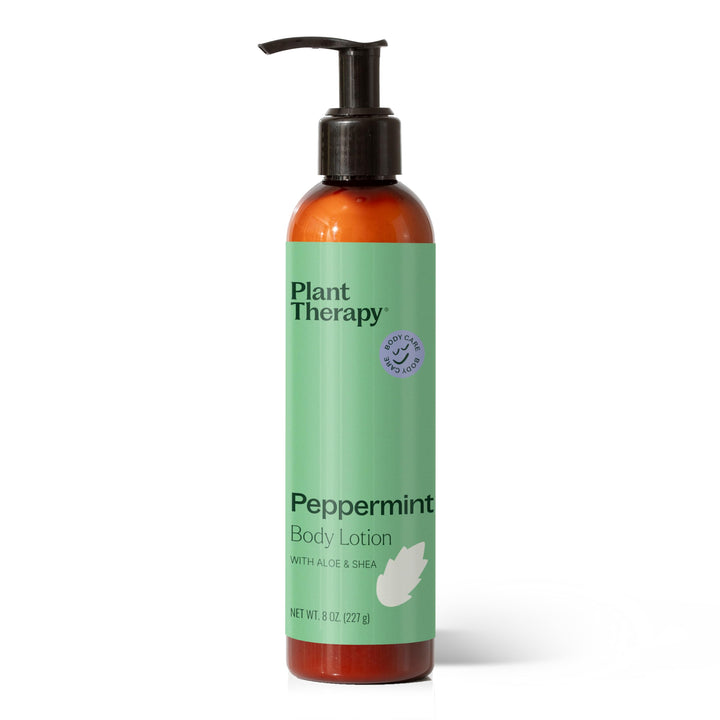 Plant Therapy front bottle showing peppermint lotion label and benefit