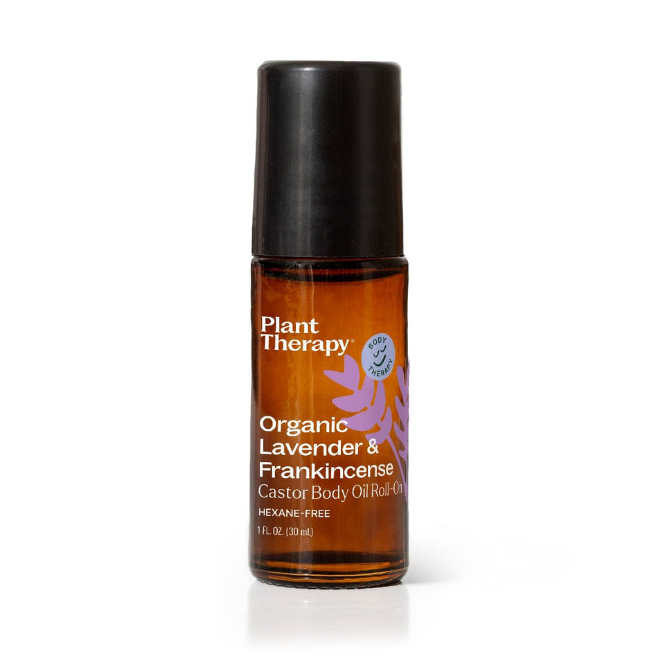 Plant Therapy roll-on front view showing 30 mL bottle and branding benefit hydration