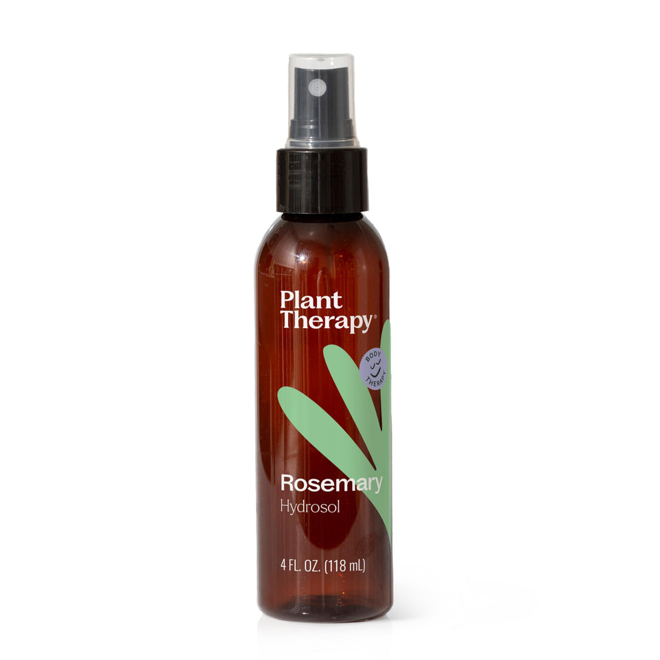 Plant Therapy front bottle of rosemary hydrosol shows clear spray for refreshing skin