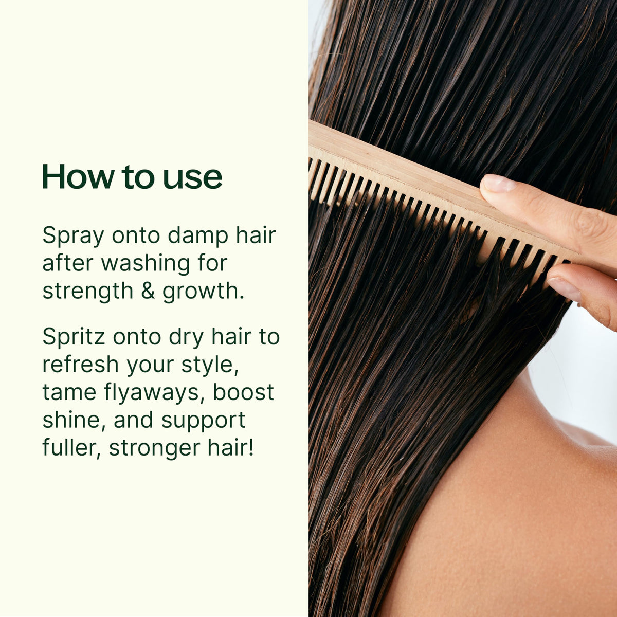 Plant Therapy spray mist being applied to hair roots for lightweight conditioning