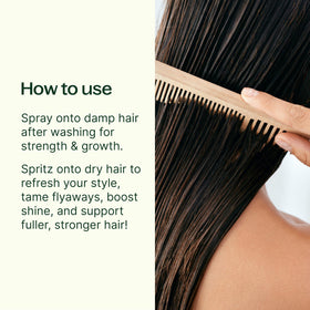 Plant Therapy spray mist being applied to hair roots for lightweight conditioning