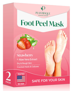 PLANTIFIQUE front packaging showing two strawberry foot peel booties and benefits