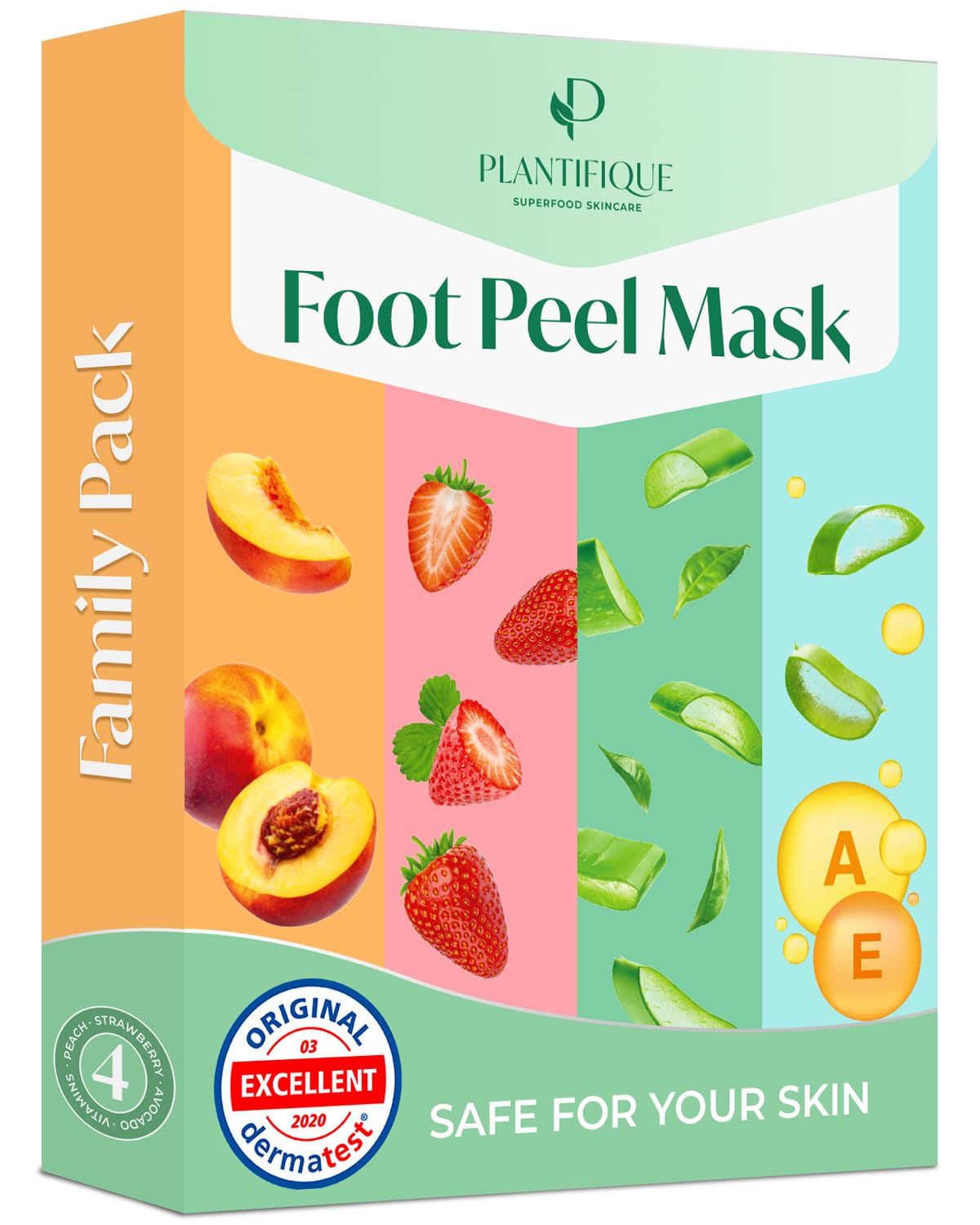 PLANTIFIQUE front packaging showing four foot peel masks and product name benefits