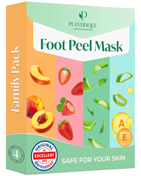 PLANTIFIQUE front packaging showing four foot peel masks and product name benefits