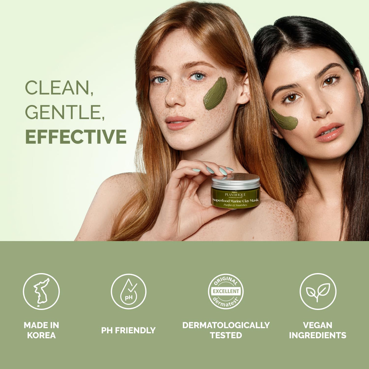 PLANTIFIQUE fresh avocado and spirulina near jar, emphasizes botanical superfood benefits