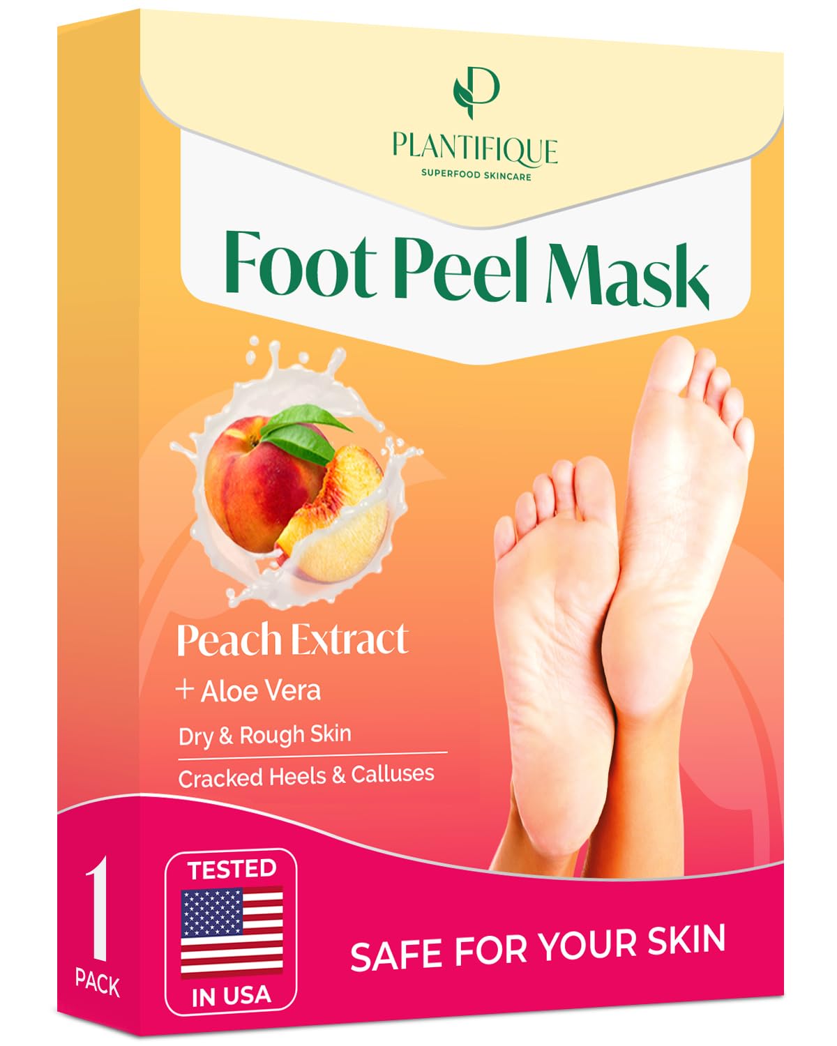 PLANTIFIQUE front packaging showing peach foot peel benefits and calming color