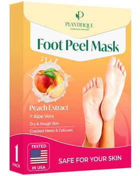 PLANTIFIQUE front packaging showing peach foot peel benefits and calming color