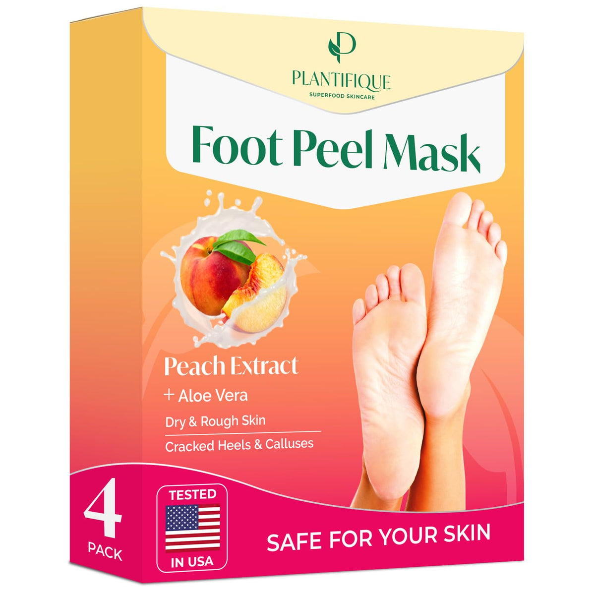 PLANTIFIQUE front packaging showing 4-pack peach foot masks and benefits