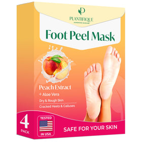 PLANTIFIQUE front packaging showing 4-pack peach foot masks and benefits