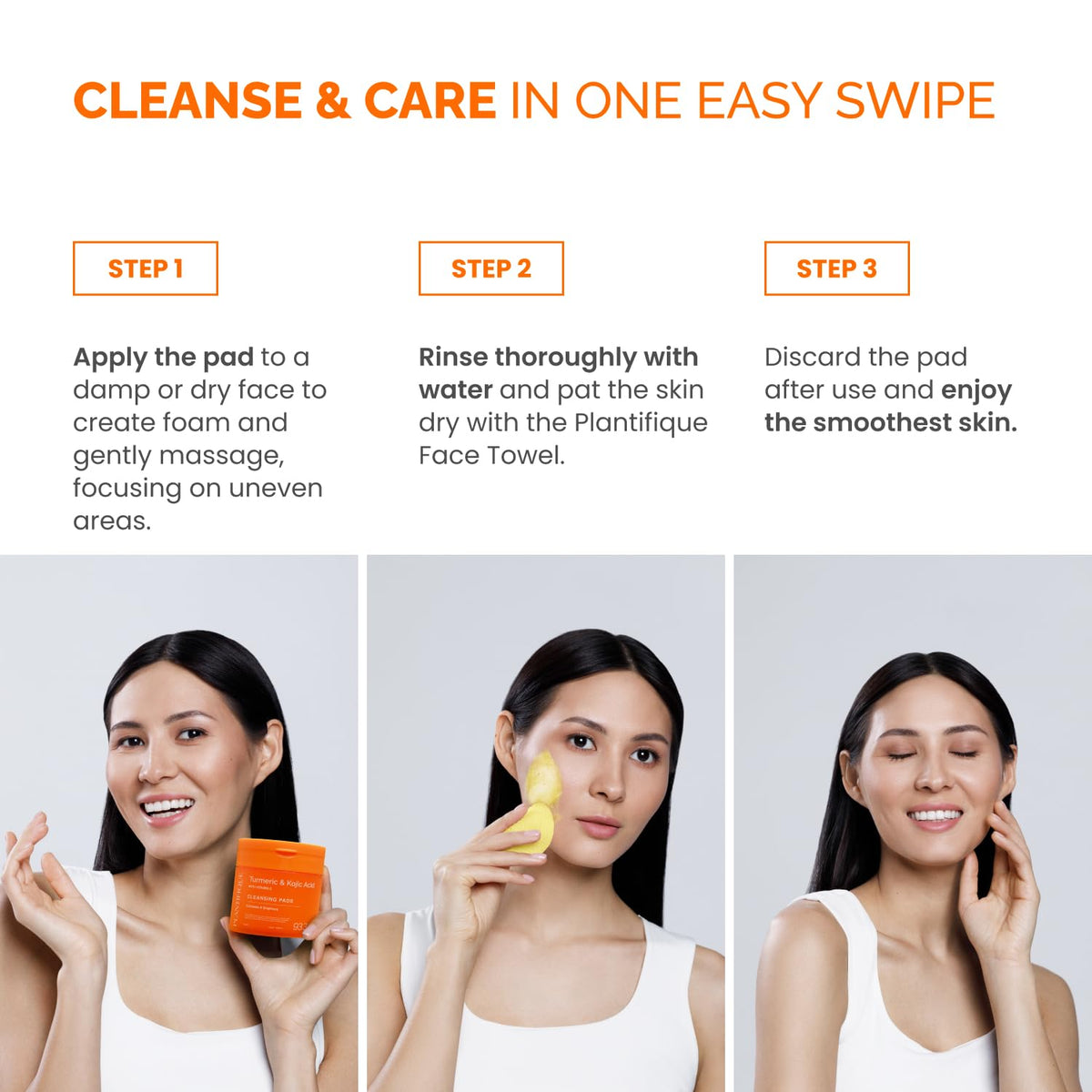 PLANTIFIQUE pad being wiped across cheek illustrating quick refresh and tone improvement