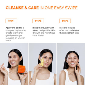 PLANTIFIQUE pad being wiped across cheek illustrating quick refresh and tone improvement