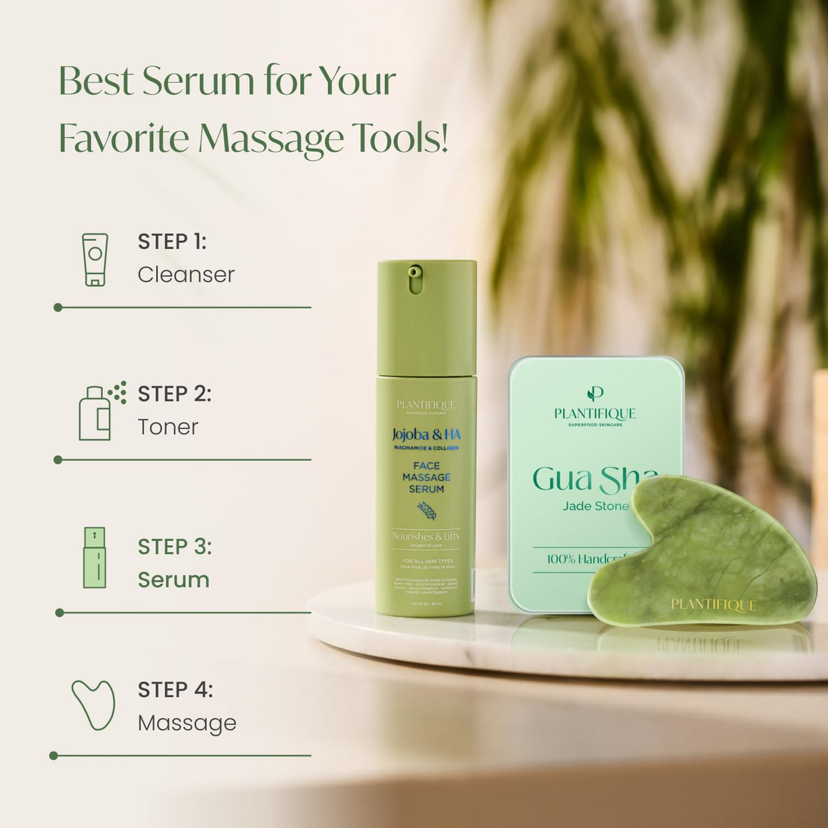 PLANTIFIQUE serum used with gua sha tool demonstrating smooth glide