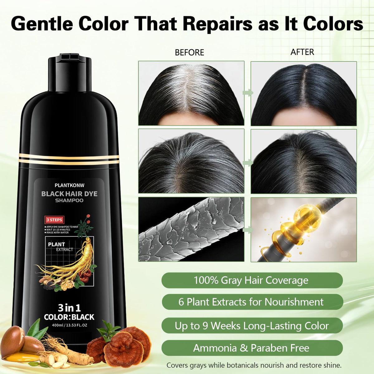 Plantkonw before and after photo showing transformed gray coverage and natural black tone benefit