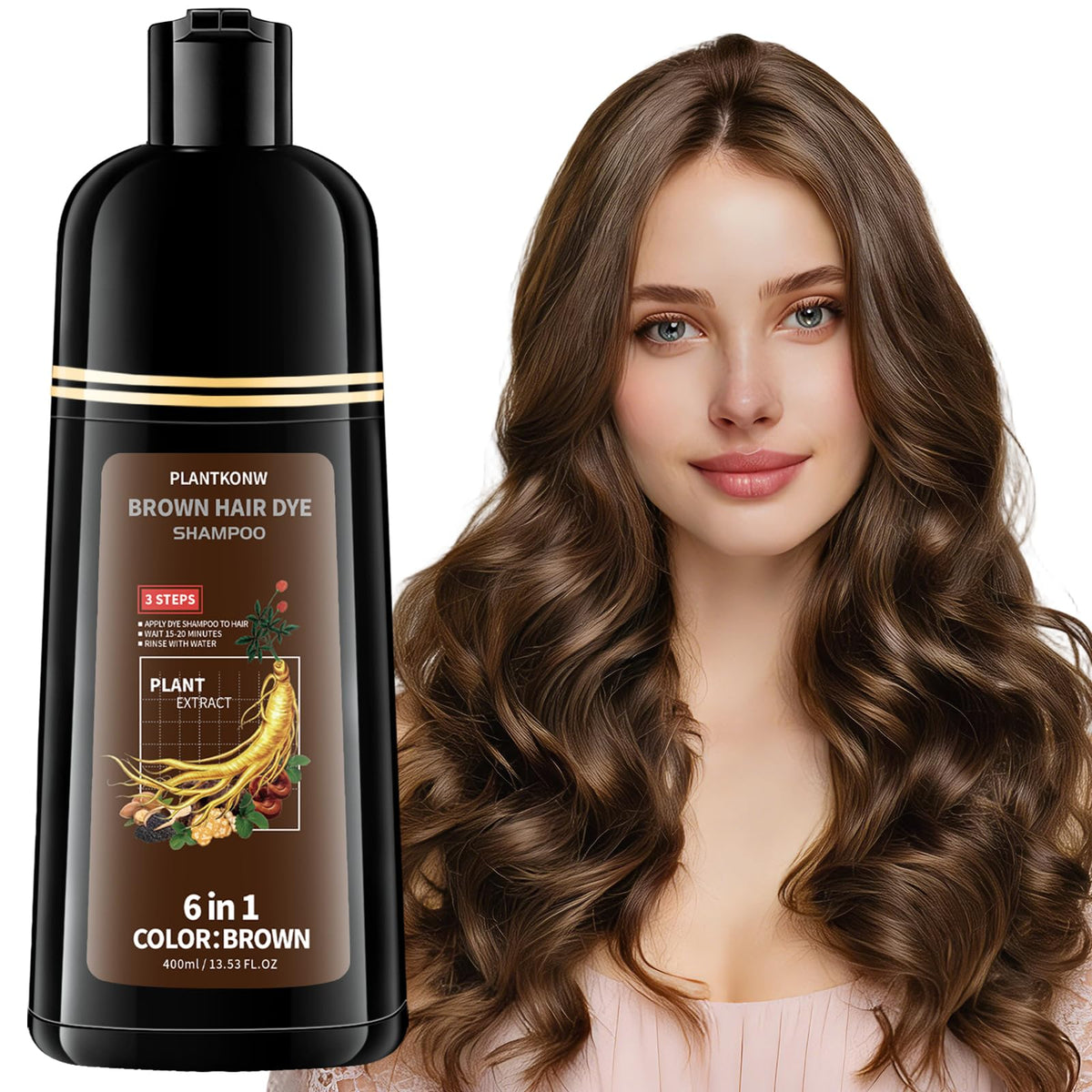 Plantkonw bottle front packaging showing brown dye shampoo benefits