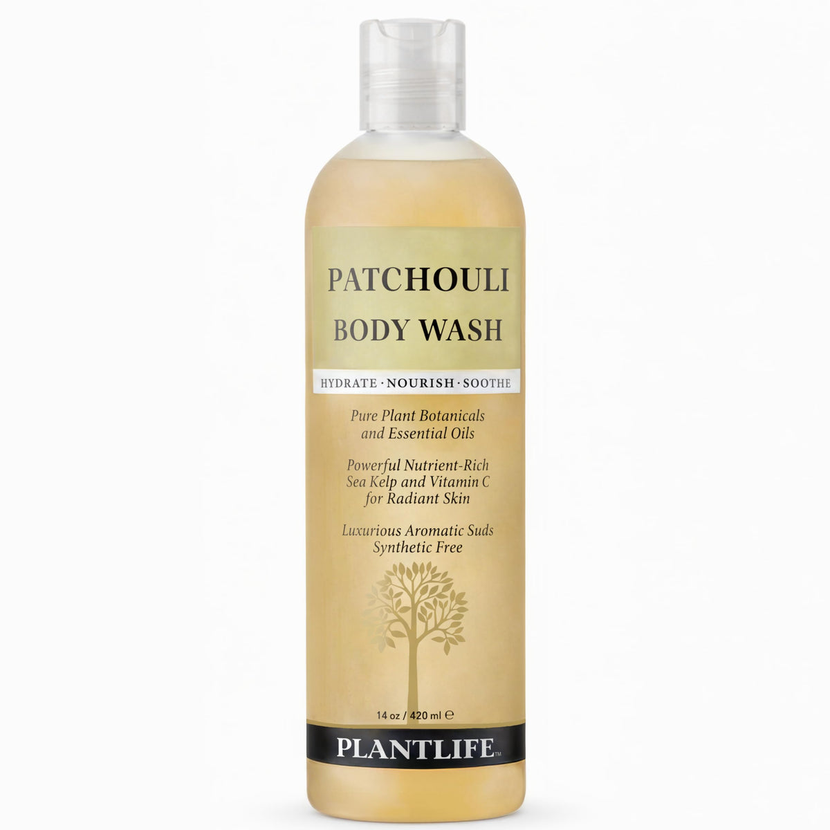 Plantlife front bottle showing label and natural patchouli scent benefits