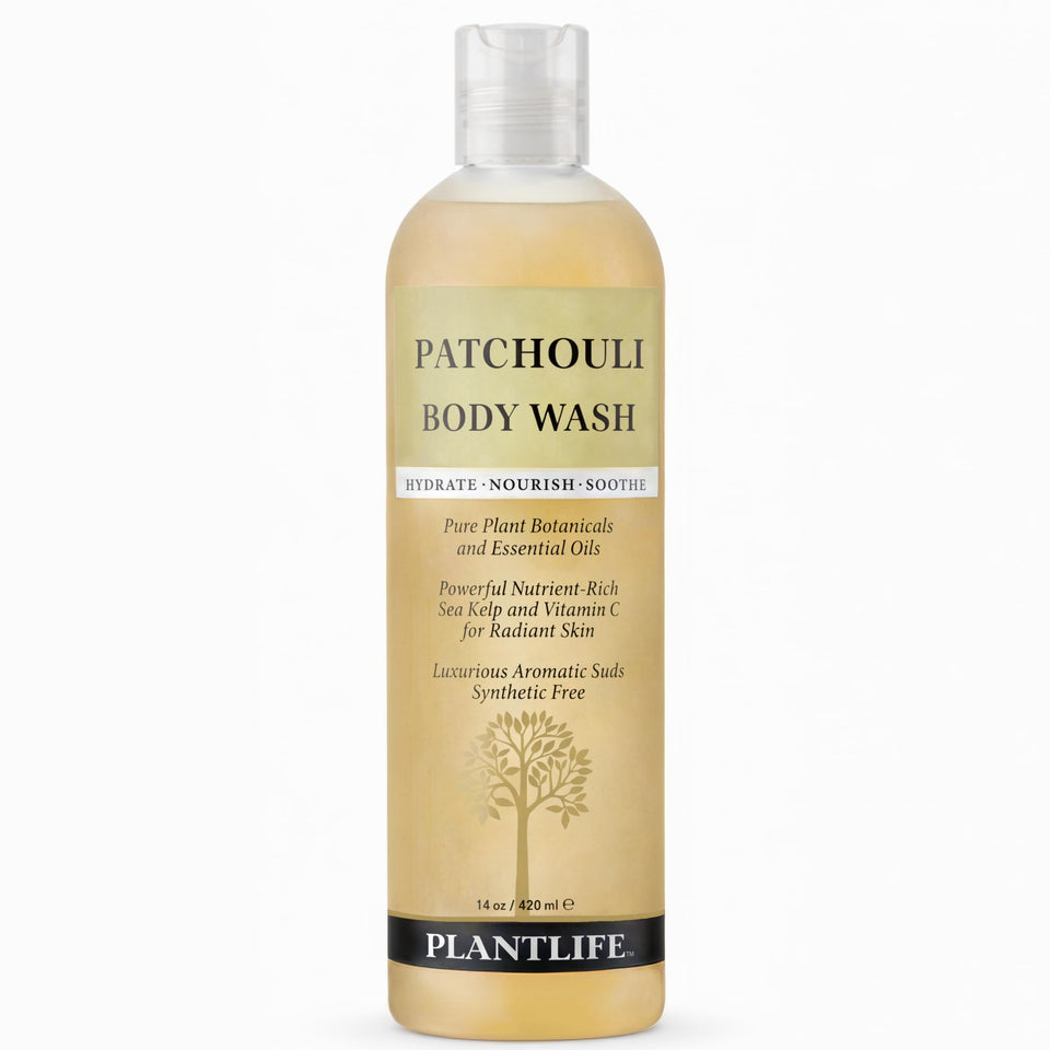 Plantlife front bottle showing label and natural patchouli scent benefits