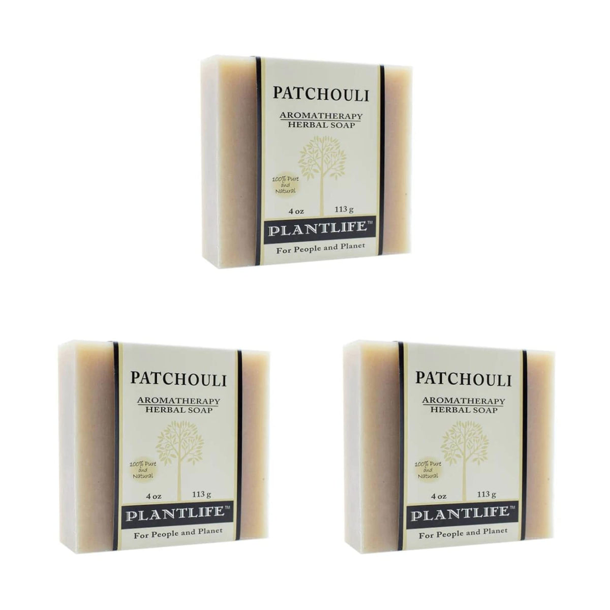 Plantlife patchouli front packaging showing three bars and brand name benefit clarity