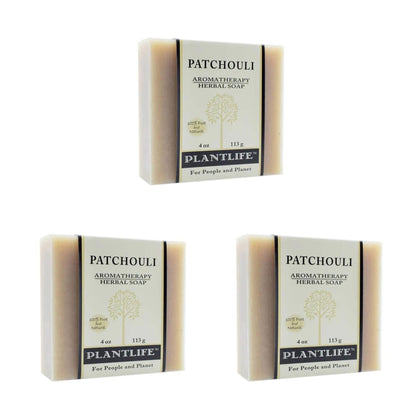 Plantlife patchouli front packaging showing three bars and brand name benefit clarity