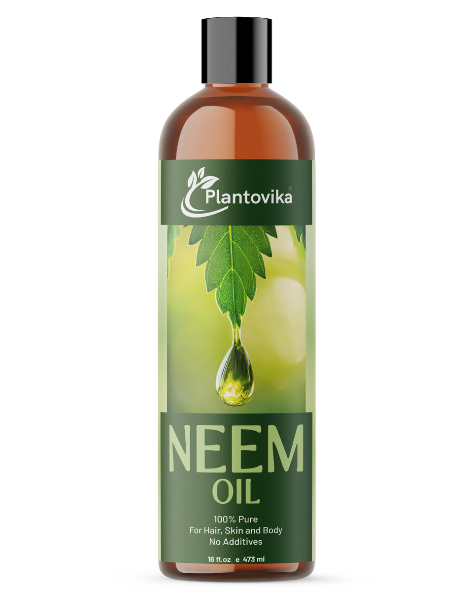 Plantovika neem oil front bottle showing label and 16 oz size benefit
