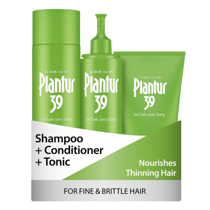 Plantur 39 shampoo front view showing clear bottle and benefit for fuller hair