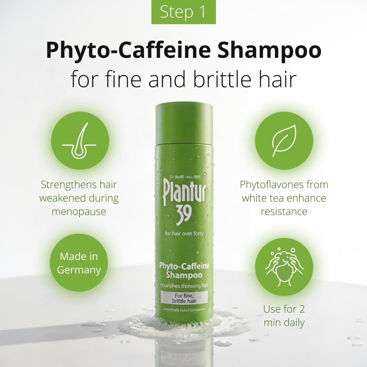Plantur 39 shampoo bottle label close-up highlighting phyto-caffeine benefit
