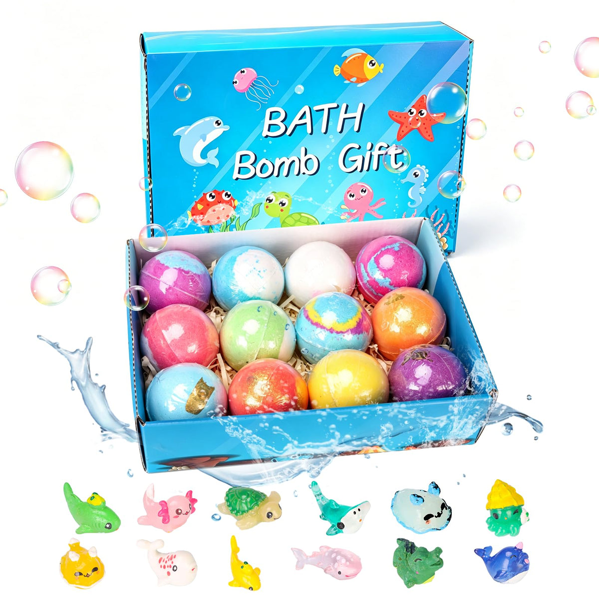 Playfizz front packaging showing 12 colorful bath bombs and gift box, appealing present