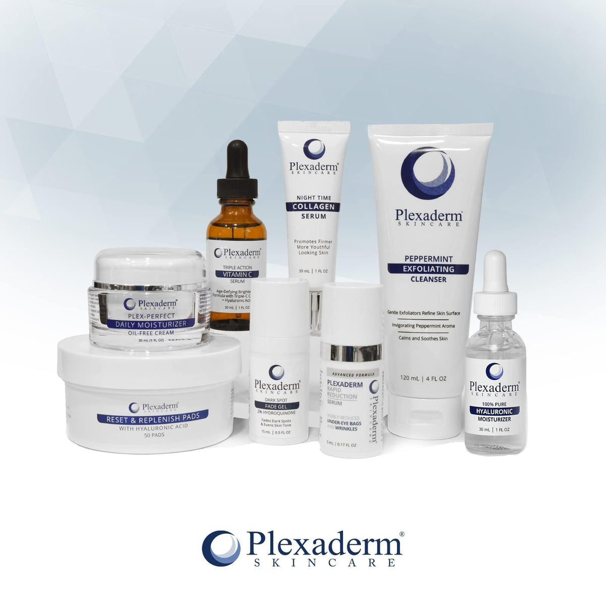 Plexaderm bottle on bedside table implying nighttime skin-repair benefit
