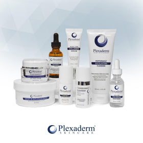 Plexaderm bottle on bedside table implying nighttime skin-repair benefit