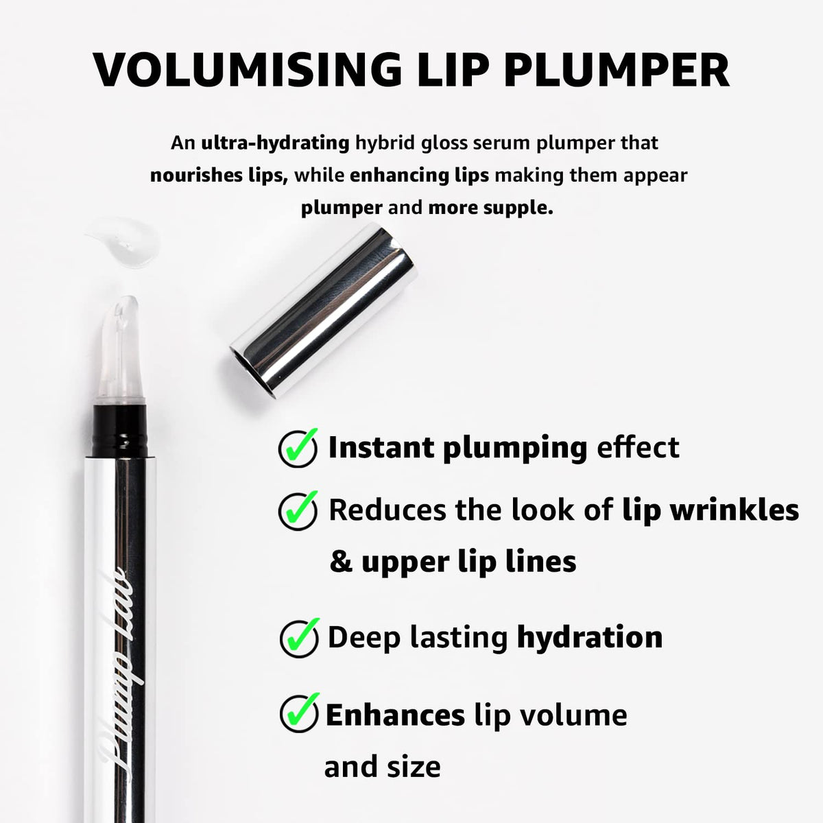 Plump Lab applicator and gloss texture close-up highlighting smooth, hydrating finish