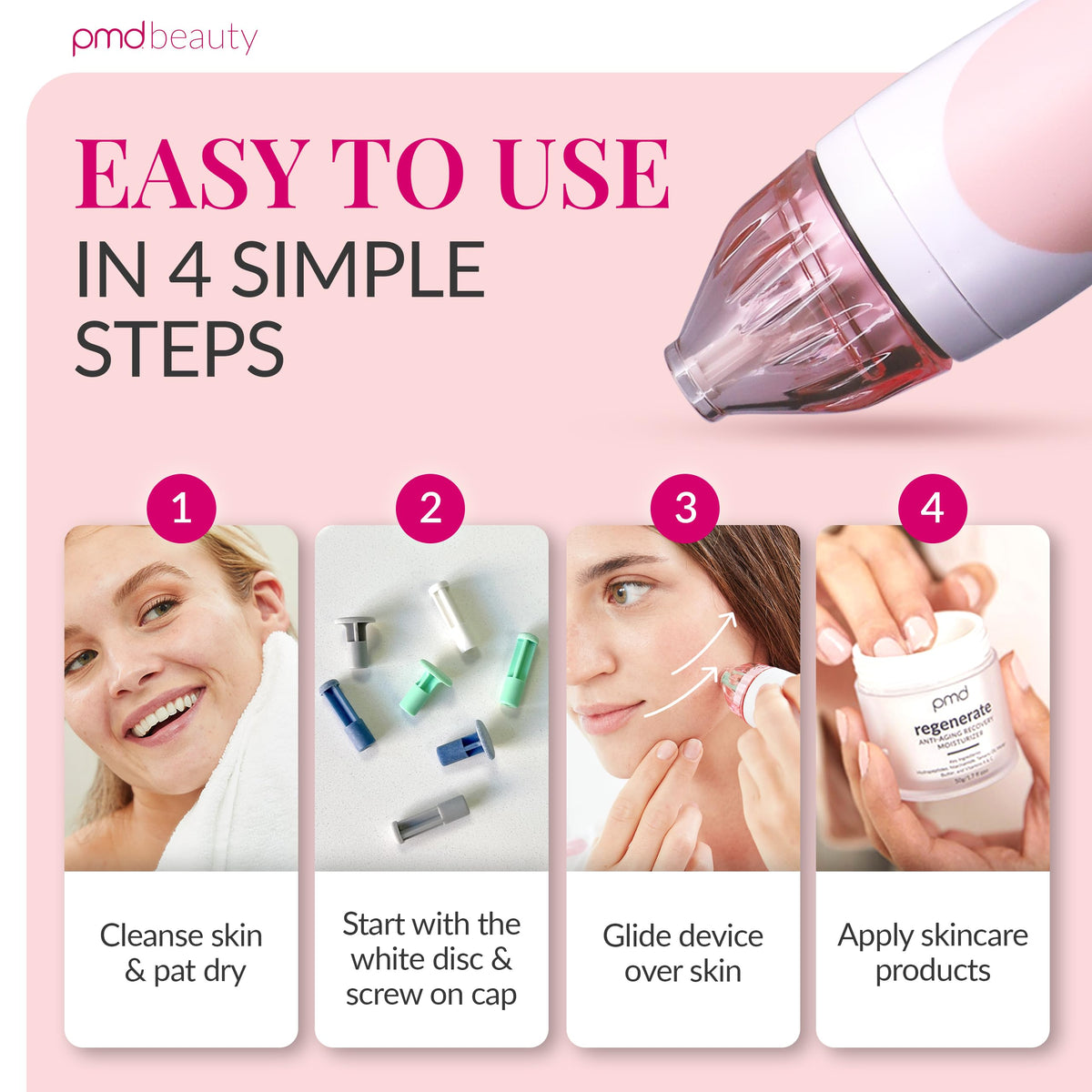 PMD Beauty being used on cheek to illustrate gentle exfoliation benefit
