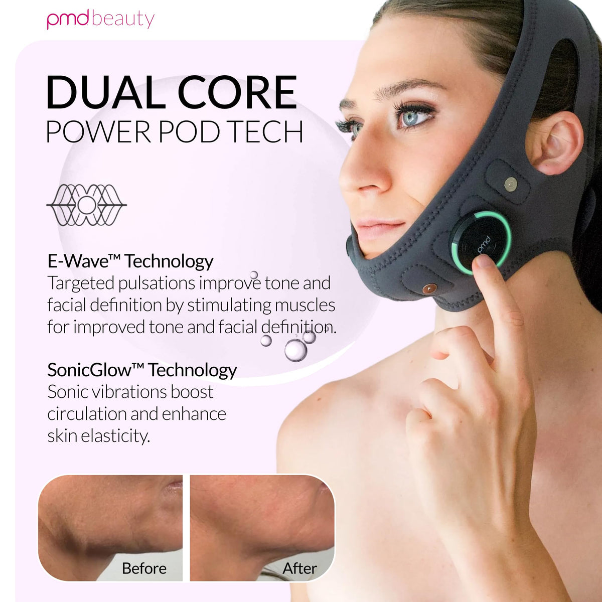 PMD Beauty side profile worn on model demonstrating lifted jawline benefit