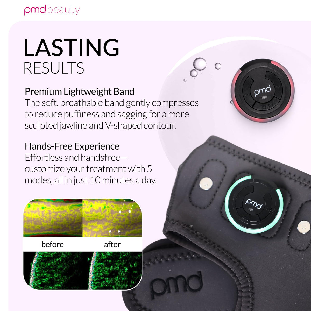 PMD Beauty size scale next to hand showing portable, travel‑friendly benefit