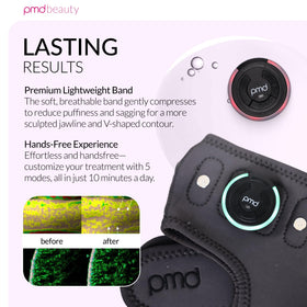 PMD Beauty size scale next to hand showing portable, travel‑friendly benefit