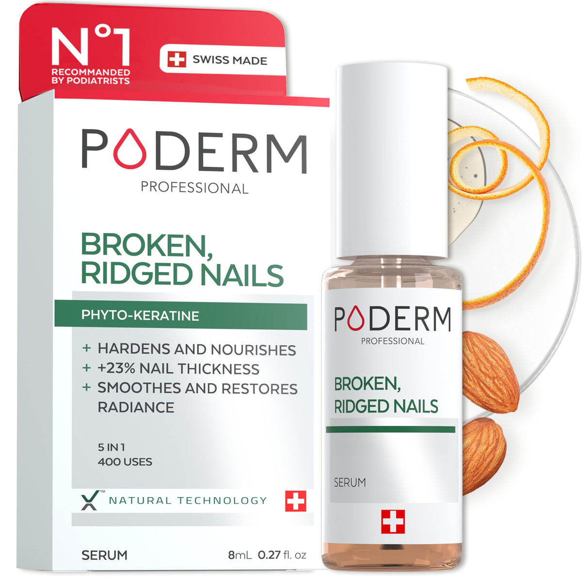 PODERM front bottle showing Swiss-made packaging and nourishing formula benefit