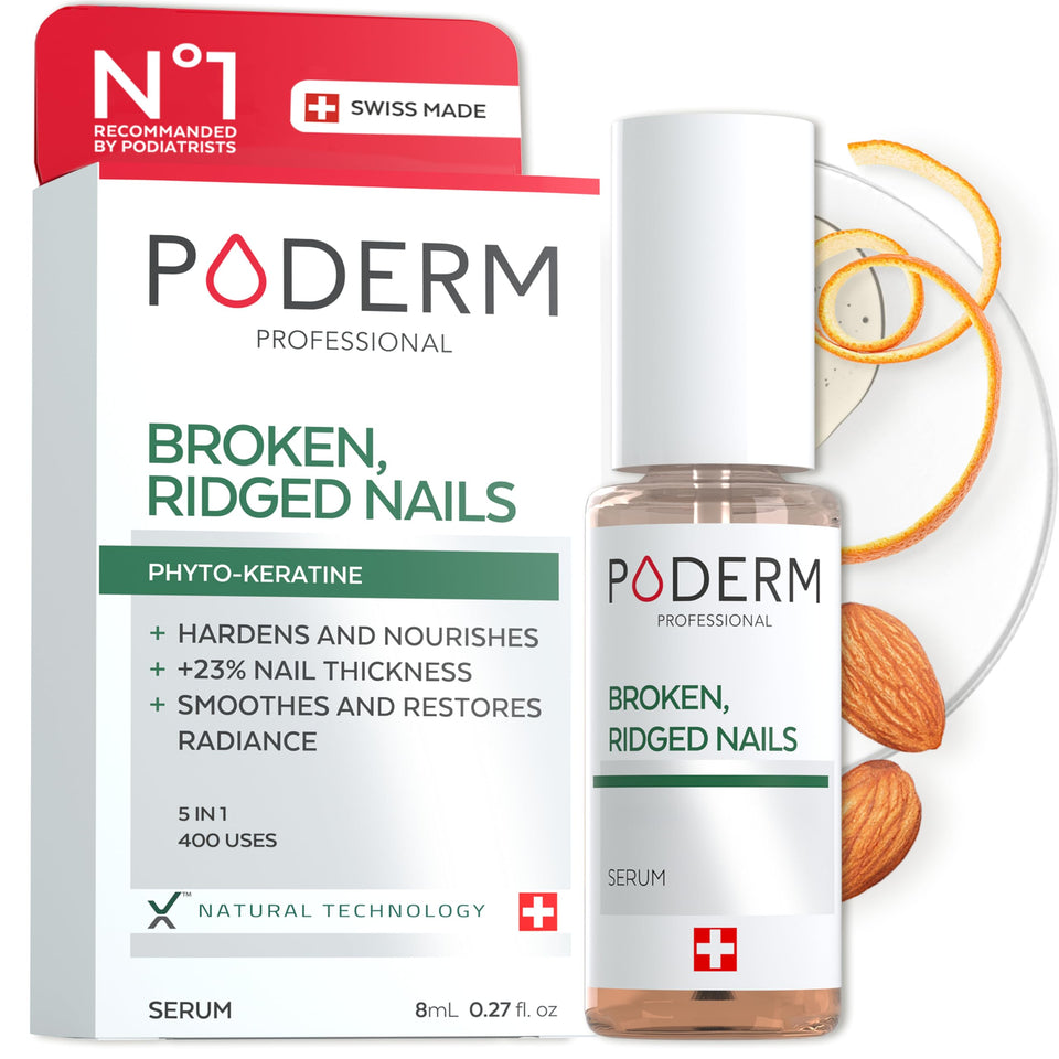 PODERM front bottle showing Swiss-made packaging and nourishing formula benefit