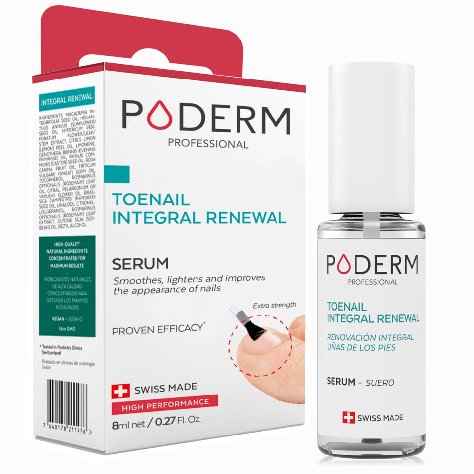 PODERM front packaging showing serum bottle and label, highlights natural Swiss formula