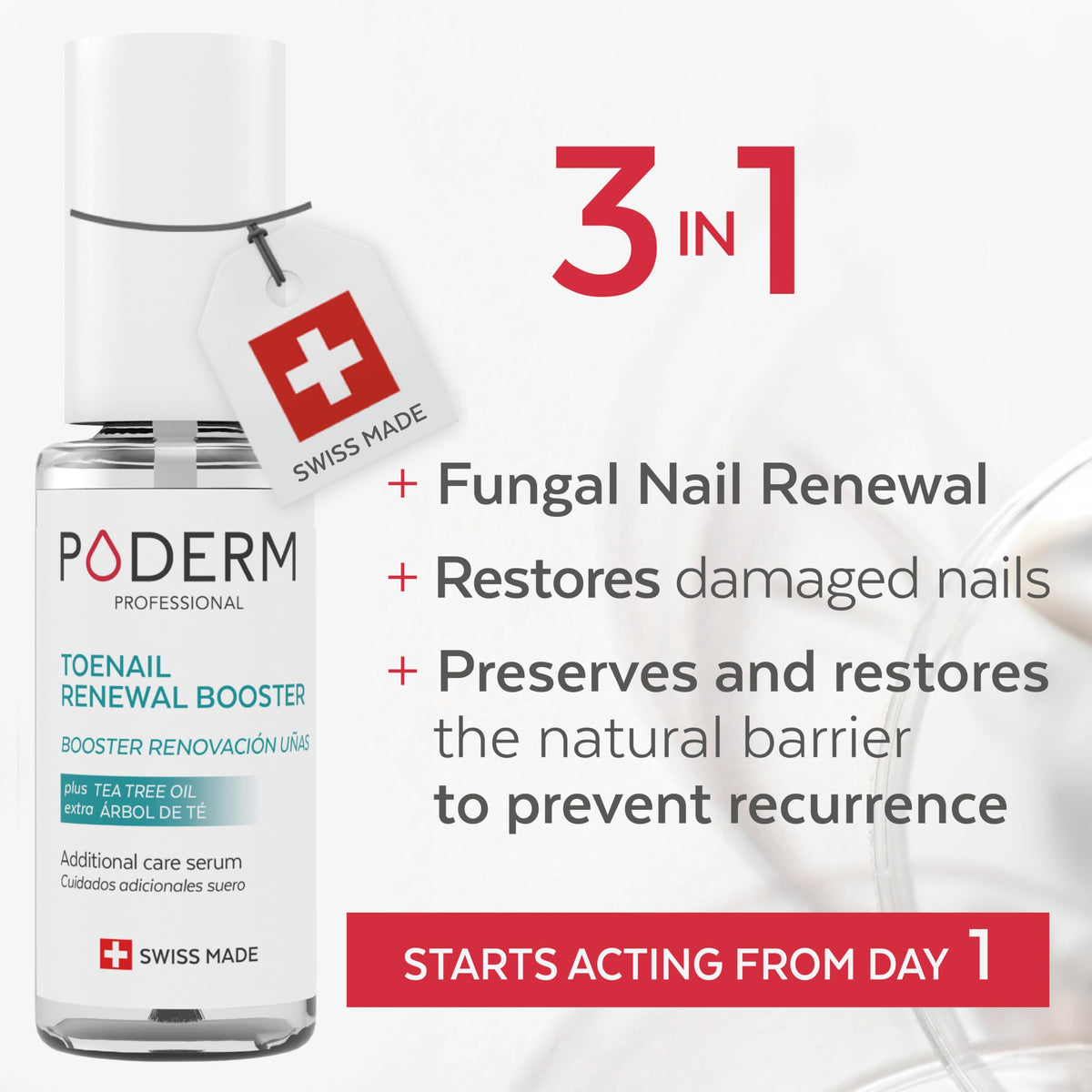 PODERM serum dropper releasing oil, highlighting lightweight absorbent texture