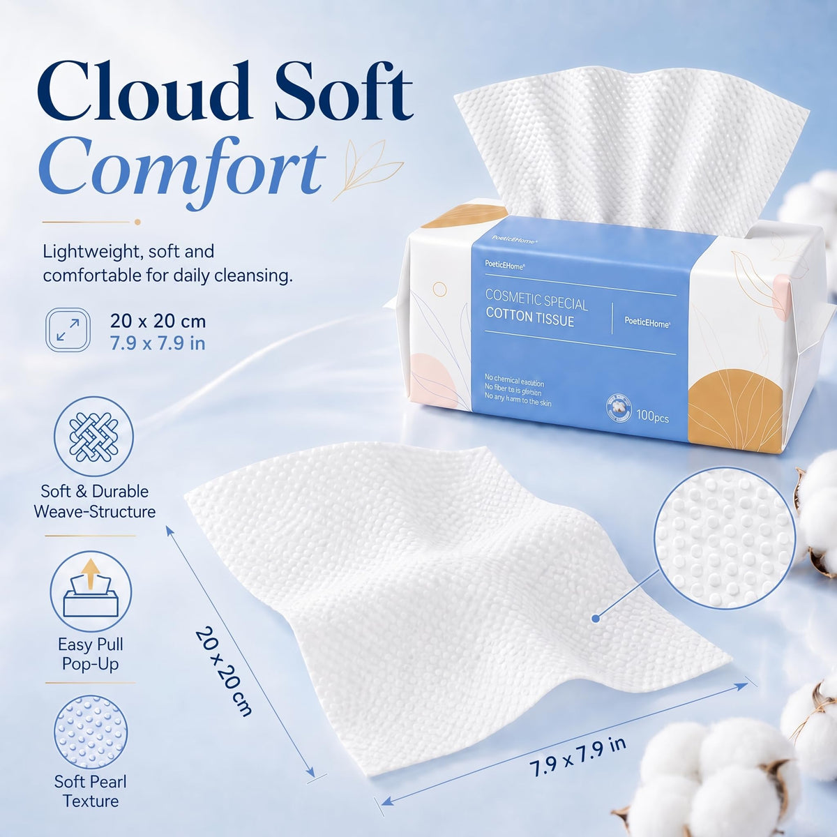 PoeticEHome unfolded sheet showing full 20x20cm size for facial use