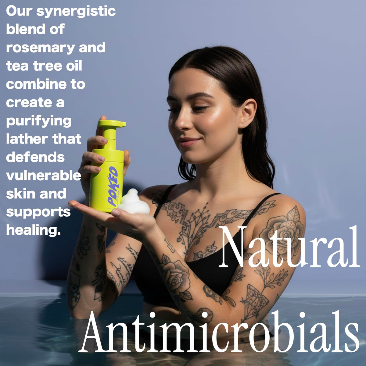 Poked label ingredients detail listing botanical purifiers and soothing agents
