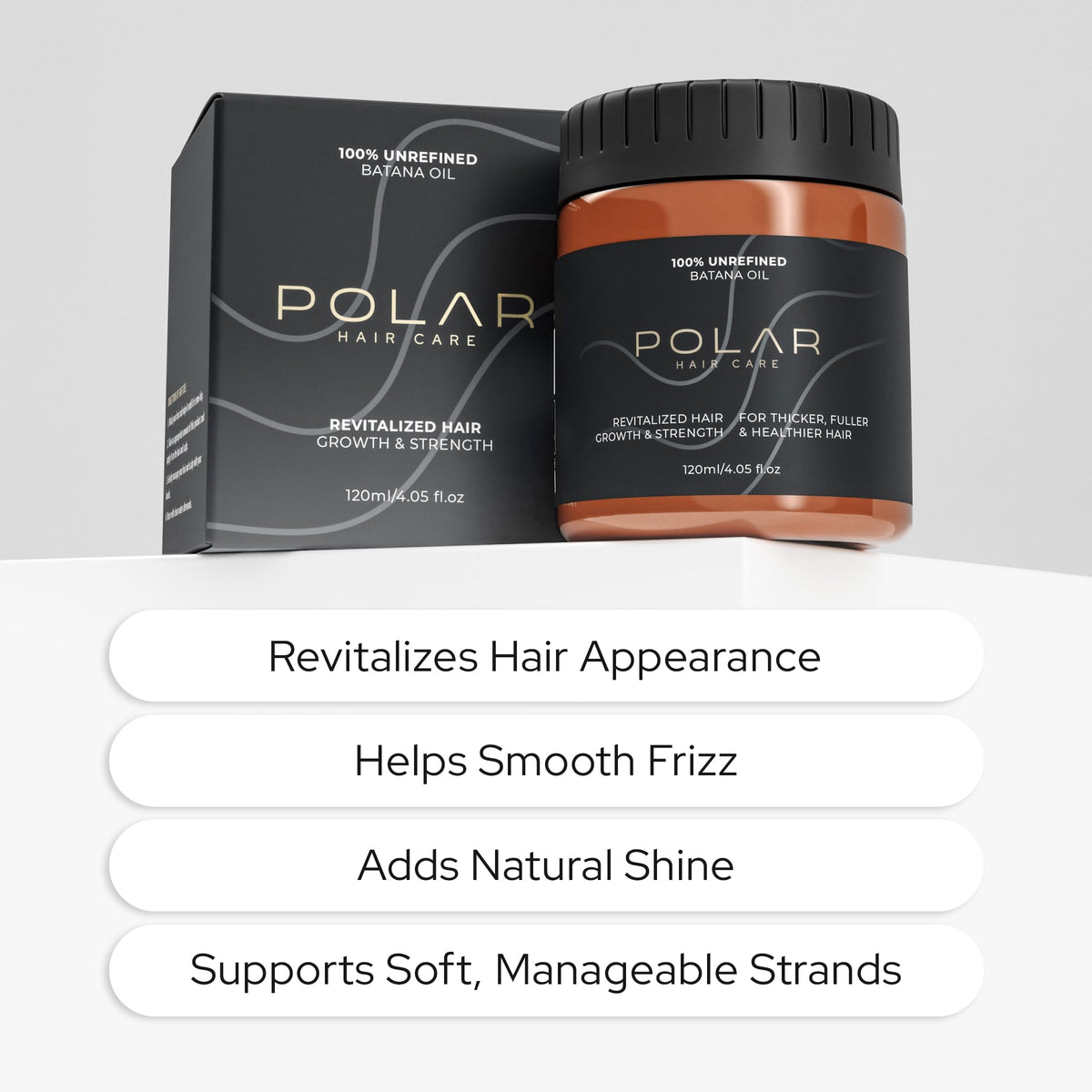 Polar Hair open bottle with thick unrefined oil texture, shows richness and purity