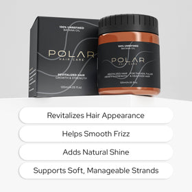 Polar Hair open bottle with thick unrefined oil texture, shows richness and purity