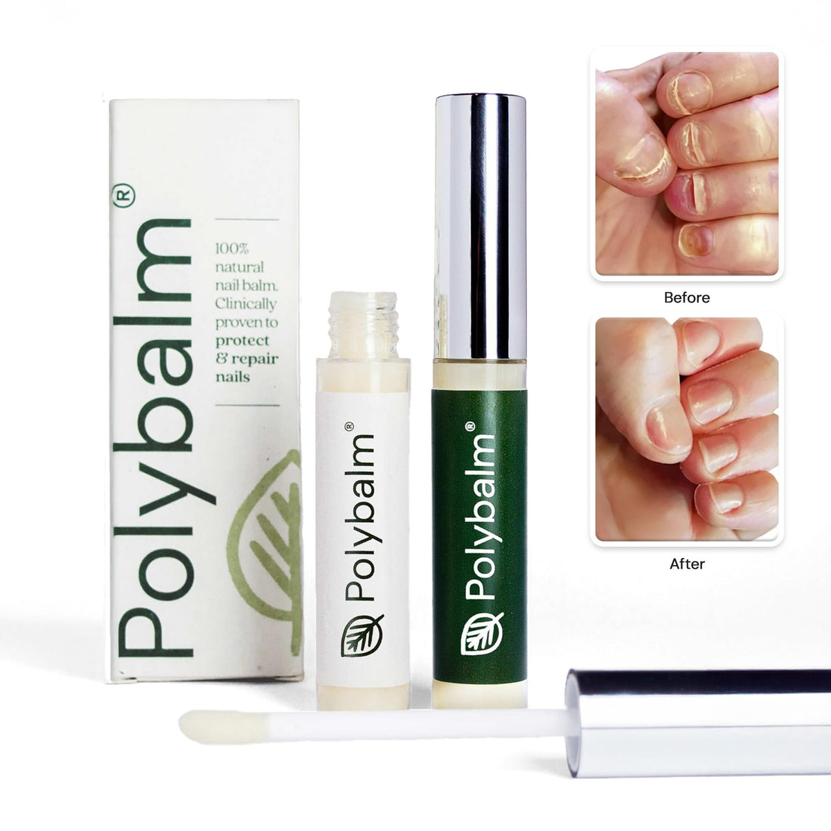 Applying Polybalm to a fingernail, brand helps protect and strengthen nail edges