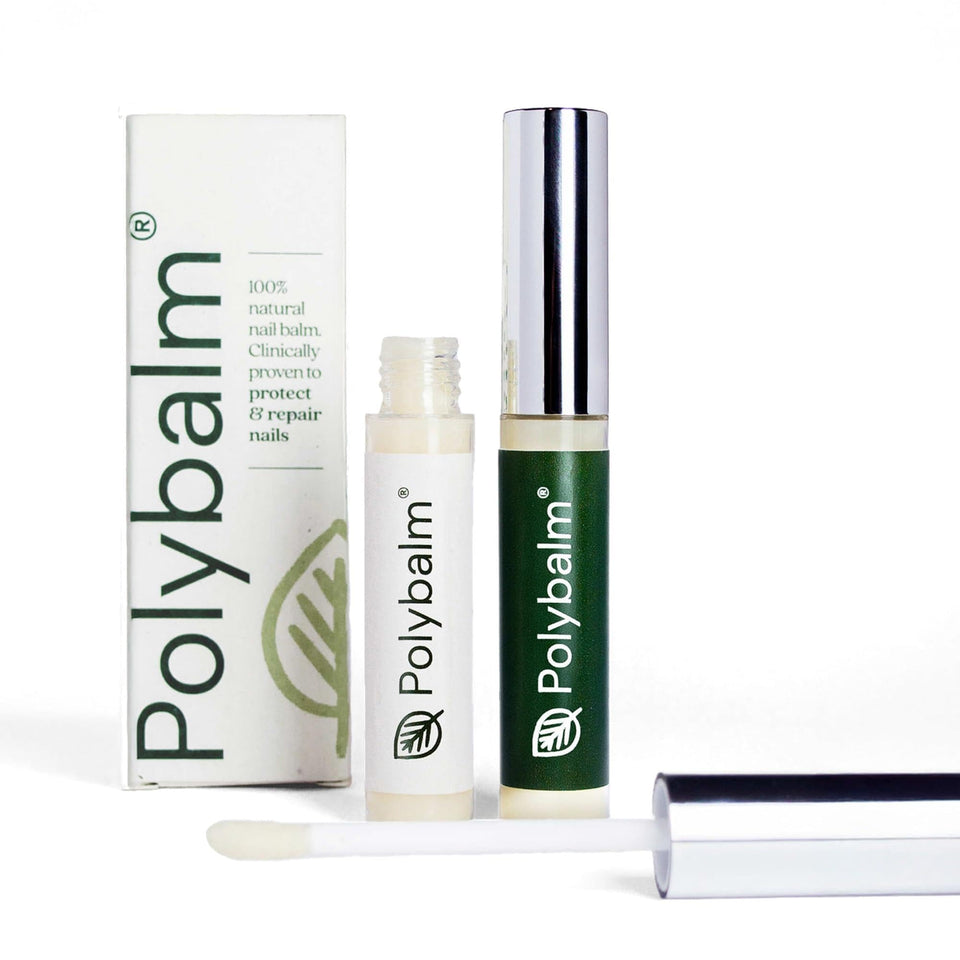 Polybalm front jar showing label and compact packaging, brand supports nail repair