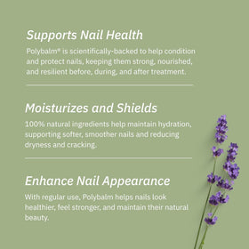 Polybalm on a bathroom vanity beside skincare, brand promotes daily nail routine